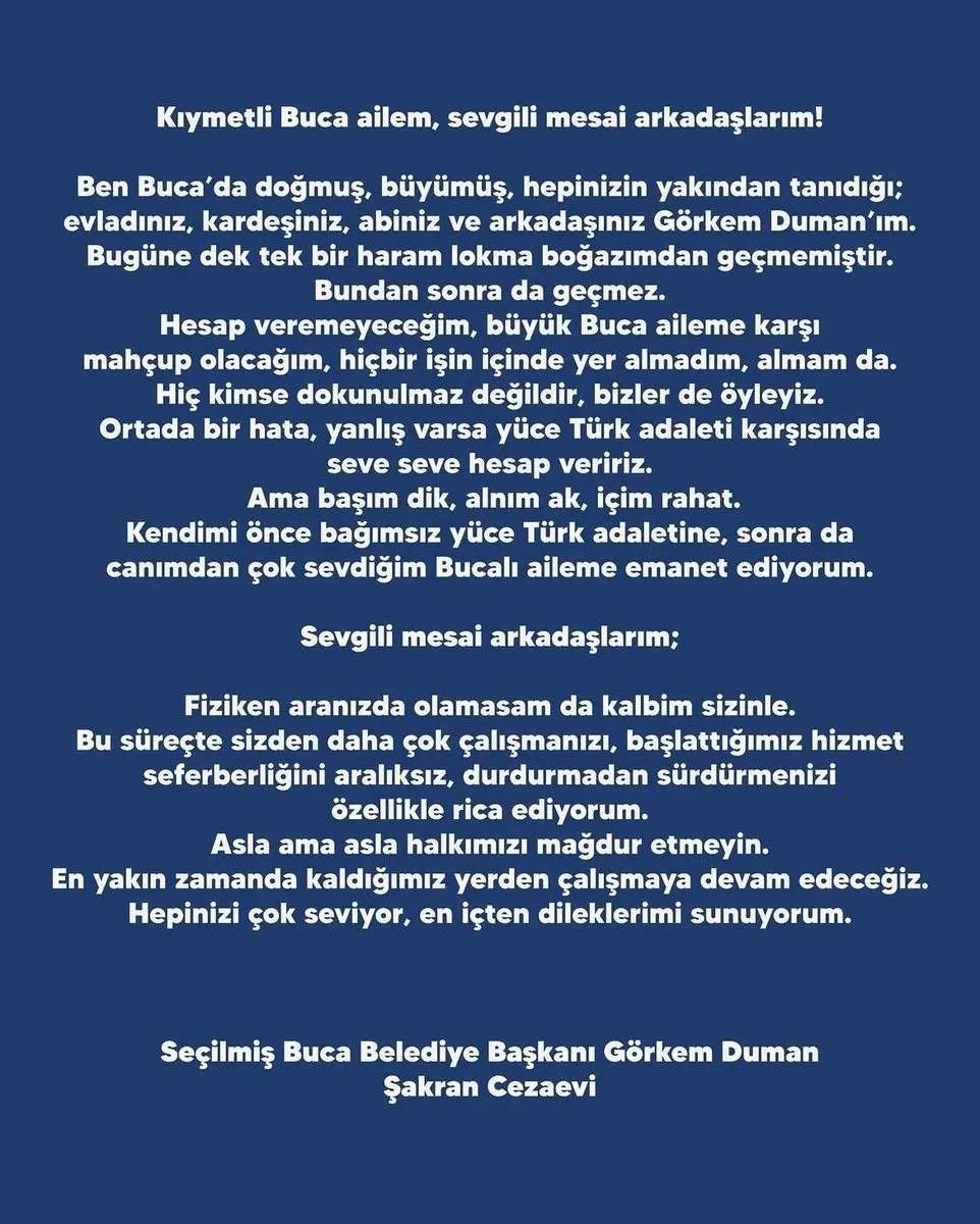 Tutuklanan Buca Belediye Başkanı Görkem Duman'dan mektup: 'Boğazımdan haram lokma geçmedi'