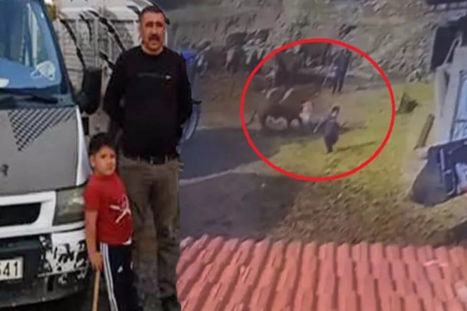 Aksaray&rsquo;da &ccedil;ift&ccedil;i &Uuml;&ccedil;ler Demirel (35), boğanın kovaladığı oğlu Ahmet'i (8)