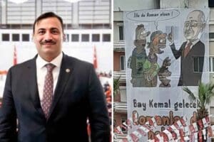 Menemen&rsquo;de, CHP İl Başkanlığı tarafından d&uuml;zenlenen &lsquo;Tarım Mitingi&rsquo;nde, Romanları karikat&uuml;re
