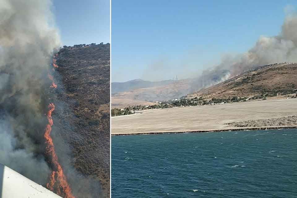 İZMİR'in Aliağa il&ccedil;esinde maki ve otluk alanda &ccedil;ıkan yangına havadan