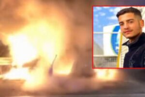 Ankara'nın G&ouml;lbaşı il&ccedil;esinde bariyerlere &ccedil;arpıp alev alan otomobilin i&ccedil;inde sıkışan