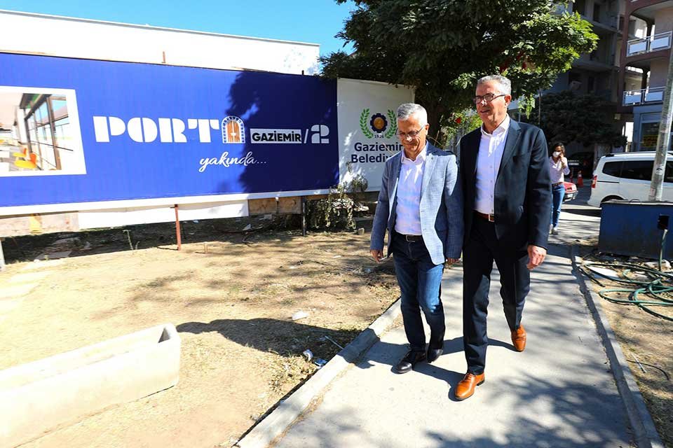 Sevgi Yolu’ndaki Porta Gaziemir 2’nin yenileme çalışmalarını inceleyen Gaziemir Belediye