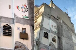 Hatay'ın Antakya il&ccedil;esinde, yıkılmayan binanın dış duvarının, bitişikteki yıkılan binanın