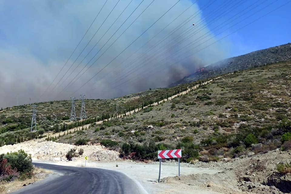 İzmir'in &Ccedil;eşme il&ccedil;esinde, ormanlık alanda yangın &ccedil;ıktı. B&ouml;lgeye sevk edilen