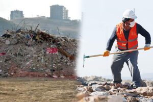 İzmir depreminde yıkılan binalardan kalan molozlar güvenli bir alana taşındı.
