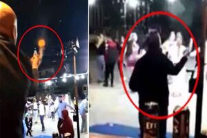 DENİZLİ'de sokak d&uuml;ğ&uuml;n&uuml;nde 4 kişinin pistte oynayanların arasında, tabancalarla havaya