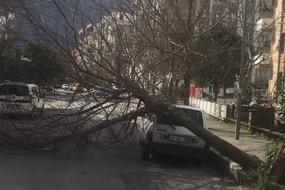 İzmir'de etkili olan fırtına nedeniyle ağaçlar devrildi, çatılar uçtu. Bayraklı ilçesinde bir baca, koparak