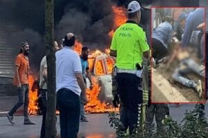 İstanbul &Uuml;mraniye'de, denetim yapan ekiplerin işlem yapmasına sinirlenip otomobilini yakan