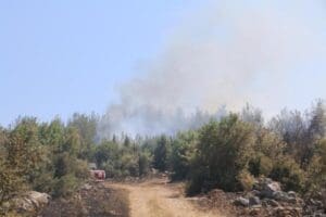 İzmir'in Kınık il&ccedil;esindeki ormanlık alanda &ccedil;ıkan yangın havadan ve karadan