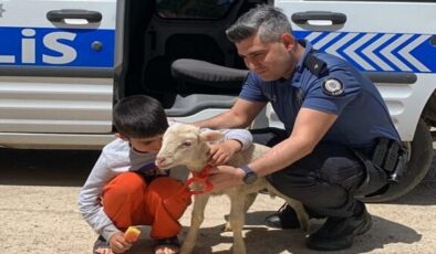 İzmir'de polis çocukların yüzünü güldürdü: İki çocuğun kuzu sevinci!