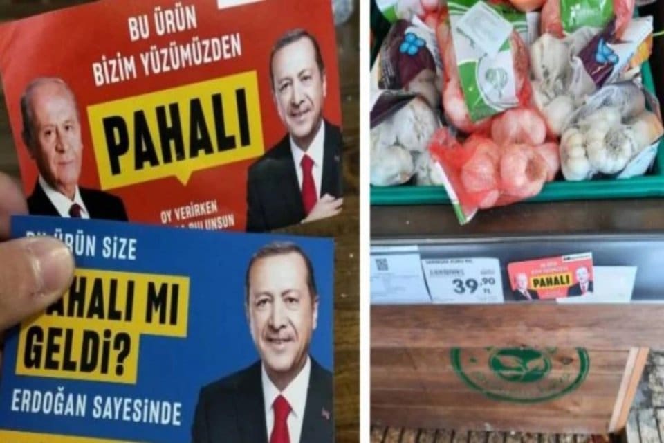 Se&ccedil;imlerin arifesinde marketlerde &uuml;r&uuml;nlerin &uuml;zerine yapıştırılmaya başlanan &ldquo;Bu &uuml;r&uuml;n size