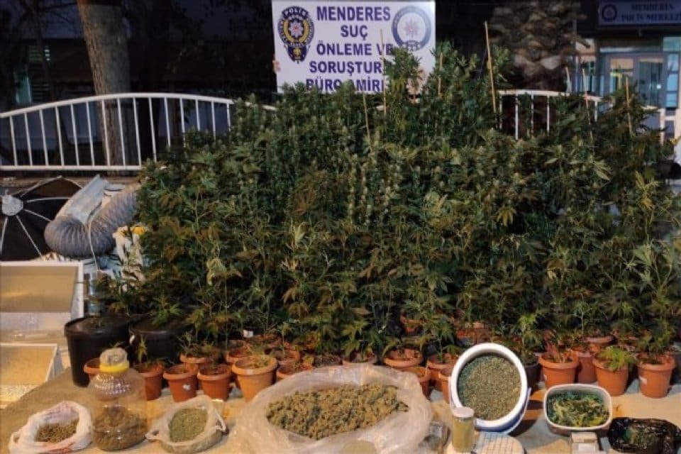 İzmir'in Menderes il&ccedil;esinde evlerine kurdukları &ouml;zel d&uuml;zenekle skunk bitkisi yetiştiren