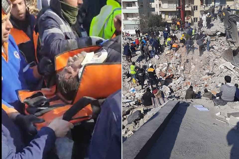 Deprem b&ouml;lgesinde arama kurtarma &ccedil;alışmalarına katılan İzmir B&uuml;y&uuml;kşehir Belediyesi ekipleri,
