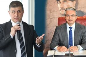 Karşıyaka Belediye Başkanı Cemil Tugay ile eski belediye başkanı&nbsp;H&uuml;seyin Mutlu