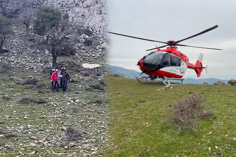 İzmir'in Menemen il&ccedil;esinde, dağlık alanda d&uuml;ş&uuml;p, yaralanan Fatma Balaban (50),