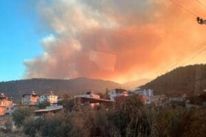 Mersin'de &ccedil;ıkan orman yangını r&uuml;zgarın etkisi ile b&uuml;y&uuml;d&uuml;, karadan ve