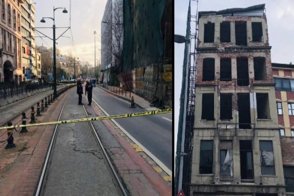 İstanbul, Beyoğlu Karak&ouml;y'de 5 katlı boş binadan betonların d&uuml;şmesi &uuml;zerine