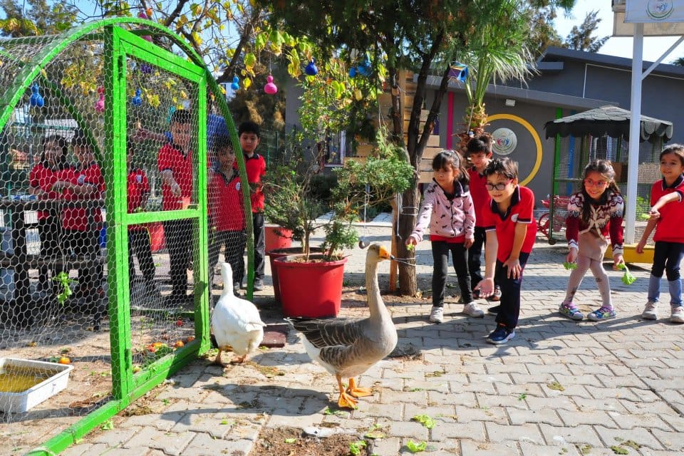 Manisa Mehmet Suphi Egemen İlkokulu bah&ccedil;esinde &ouml;ğrenciler okul bah&ccedil;esinde kurulan