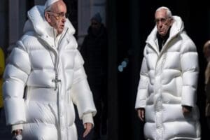 Katolik Kilisesi&rsquo;nin lideri&nbsp;Papa Francesco'nun beyaz bir montla g&ouml;r&uuml;ld&uuml;ğ&uuml; fotoğrafın yapay