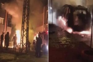 Arnavutk&ouml;y'de park halindeyken alev alev yanan otomobil, hurda yığınına d&ouml;nd&uuml;.