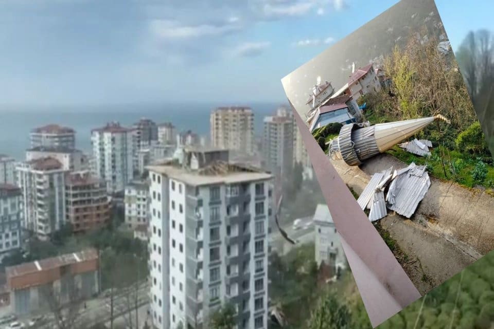 Rize'de fırtına nedeniyle, mescidin minaresi devrildi, 9 katlı apartmanın &ccedil;atısının