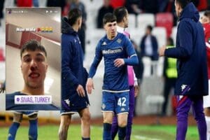 Sivasspor – Fiorentina ma&ccedil;ında sahaya giren taraftar Fiorentina oyuncusu&nbsp;Bianca'ya yumruk
