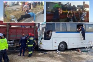 Manisa Turgutlu kara yolunda fabrika iş&ccedil;ilerini taşıyan servis otob&uuml;s&uuml;, demir