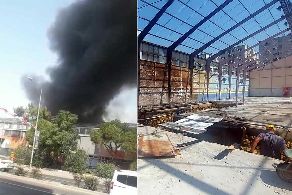 İzmir'in Bornova il&ccedil;esinde tadilattaki spor salonu i&ccedil;erisindeki elyaflar tutuştu, &ccedil;ıkan