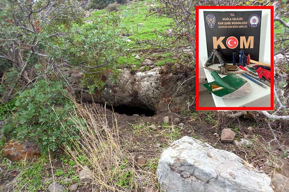 Tarihi eser kaçakçıları suçüstü yakalandı! Muğla'nın Bodrum ilçesinde kaçak tarihi eser kazısı yapan 2 kişi,