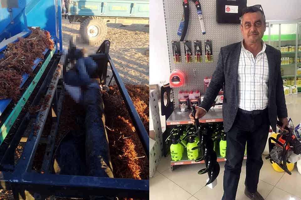 Manisa'nın Salihli il&ccedil;esinde dengesini kaybedip, &uuml;z&uuml;m kaldırma makinesine d&uuml;şen &ccedil;ift&ccedil;i