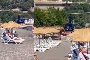Muğla'nın Marmaris il&ccedil;esinde bir plaja inen helikopter tepki &ccedil;ekti. Helikopterin,