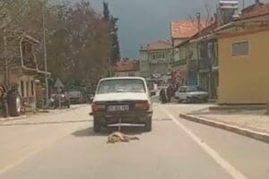 Denizli&rsquo;nin&nbsp;Bekilli il&ccedil;esinde, hareket halindeki bir otomobilin arkasına zincirle bağlı şekilde