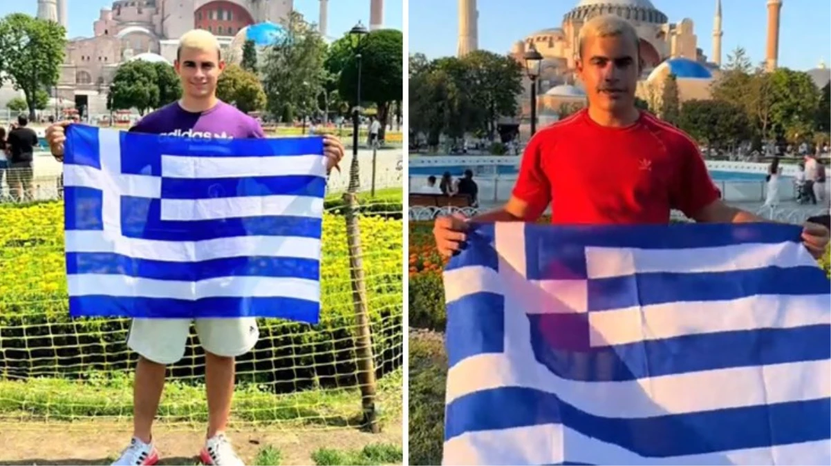 Yunan sosyal medya fenomeni Mike Kondylas, Ayasofya önünde Yunan bayrağı