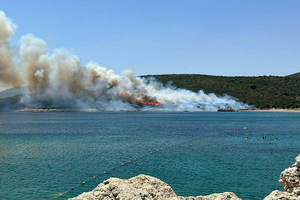 İzmir'in Urla ilçesinde makilikte başlayan yangının, enerji nakil hattından çıktığı