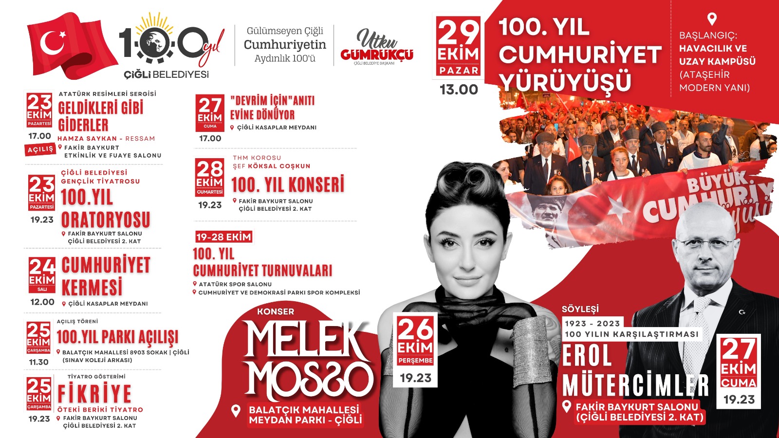 Çiğli Belediyesi’nden 100. Yıla Görkemli Kutlama Çiğli Belediyesi, Cumhuriyetin 100. yılını konserden söyleşiye, tiyatro gösteriminden resim
