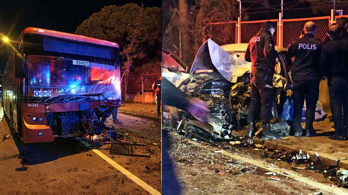 İzmir’in Bayraklı ilçesinde, karşı yönlerden gelen otomobil ile belediye otobüsünün kafa kafaya