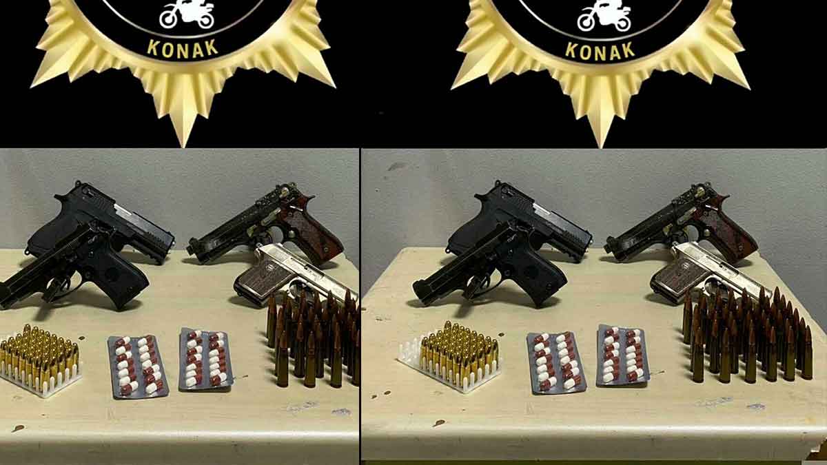 İzmir’de düzenlenen iki ayrı operasyonda silah, mermi ve uyuşturucu hap ele geçirilirken,