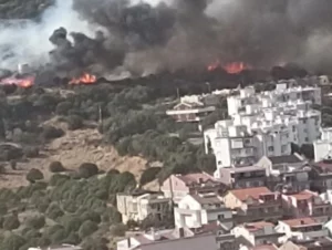 İzmir’in Dikili ilçesinde, yerleşim yerlerinin yakınında yangın başladığı ve orman