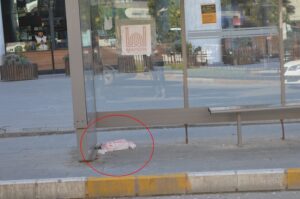 Mardin’de bir kahve zinciri şubesinin önündeki otobüs durağına bırakılan ve