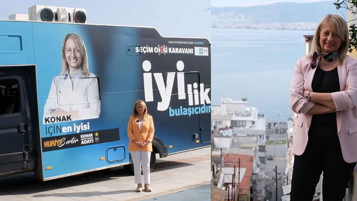 Kampanya sloganları ve görselleri ile kapladığı ofis karavanıyla Konak’ın 111