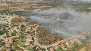 İzmir’in Urla ilçesinde, Bademler Mahallesi yakınlarındaki otluk alanda başlayan yangın,