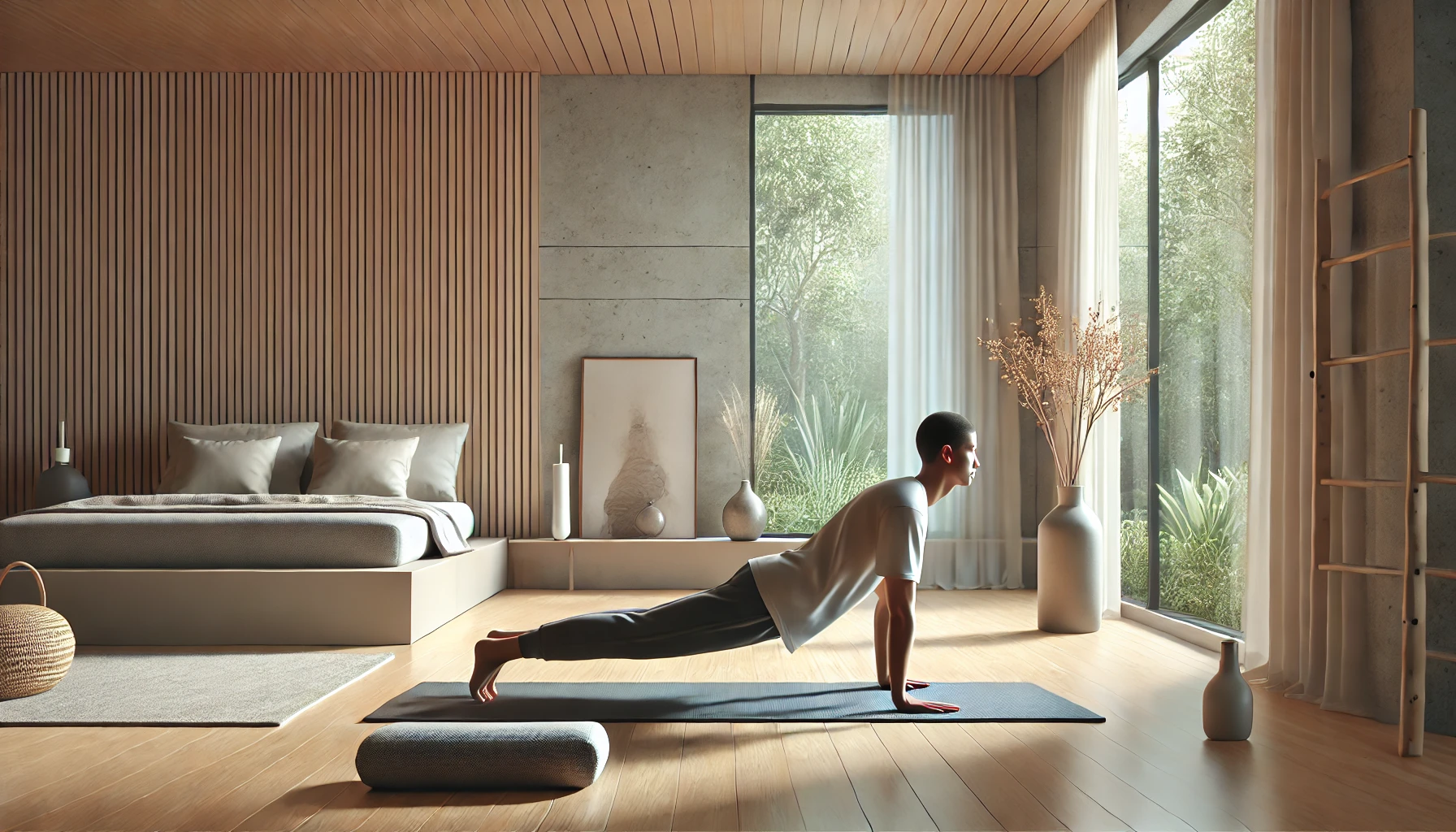 Evde spor yaparken yoga matı kullanan kişi