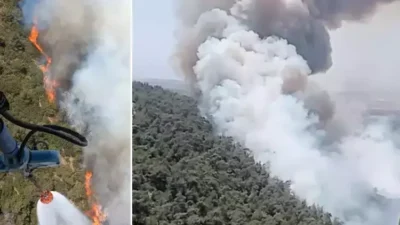 İzmir'in Foça ilçesinde öğle saatlerinde başlayan orman yangınına havadan ve