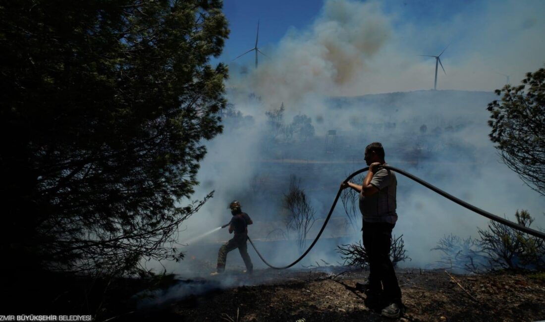 İzmir Büyükşehir Belediyesi İtfaiye ekipleri, Çeşme'de etkisini sürdüren yangınlara karşı