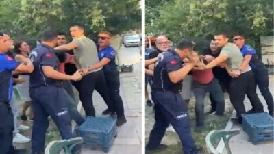 Konak’ta zabıta ile satıcı arasında kavga büyüdü, biber gazı kullanıldı.
