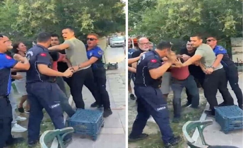 Konak’ta zabıta ile satıcı arasında kavga büyüdü, biber gazı kullanıldı.