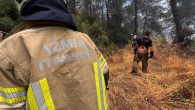 İzmir’in Menderes ilçesinde öğle saatlerinde başlayan orman yangını, rüzgârın da