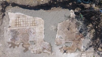 Diyarbakır’ın Ergani ilçesinde mezar kazarken bulunan mozaikte içinde haç motifi