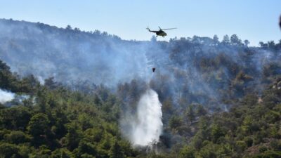 İzmir’in Seferihisar ilçesinde orman dışı alanda çıkan yangın havadan ve