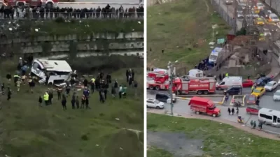 Esenyurt'ta bir işçi servisi şarampole yuvarlandı. İhbar üzerine olay yerine